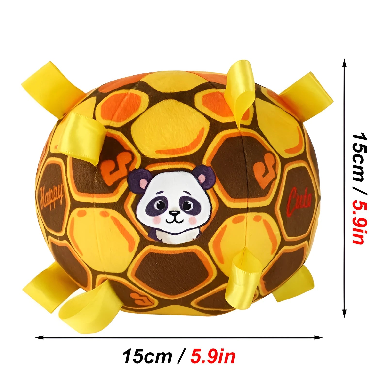 Green plush ball dog toy with a handle and internal bells, 15cm in diameter.