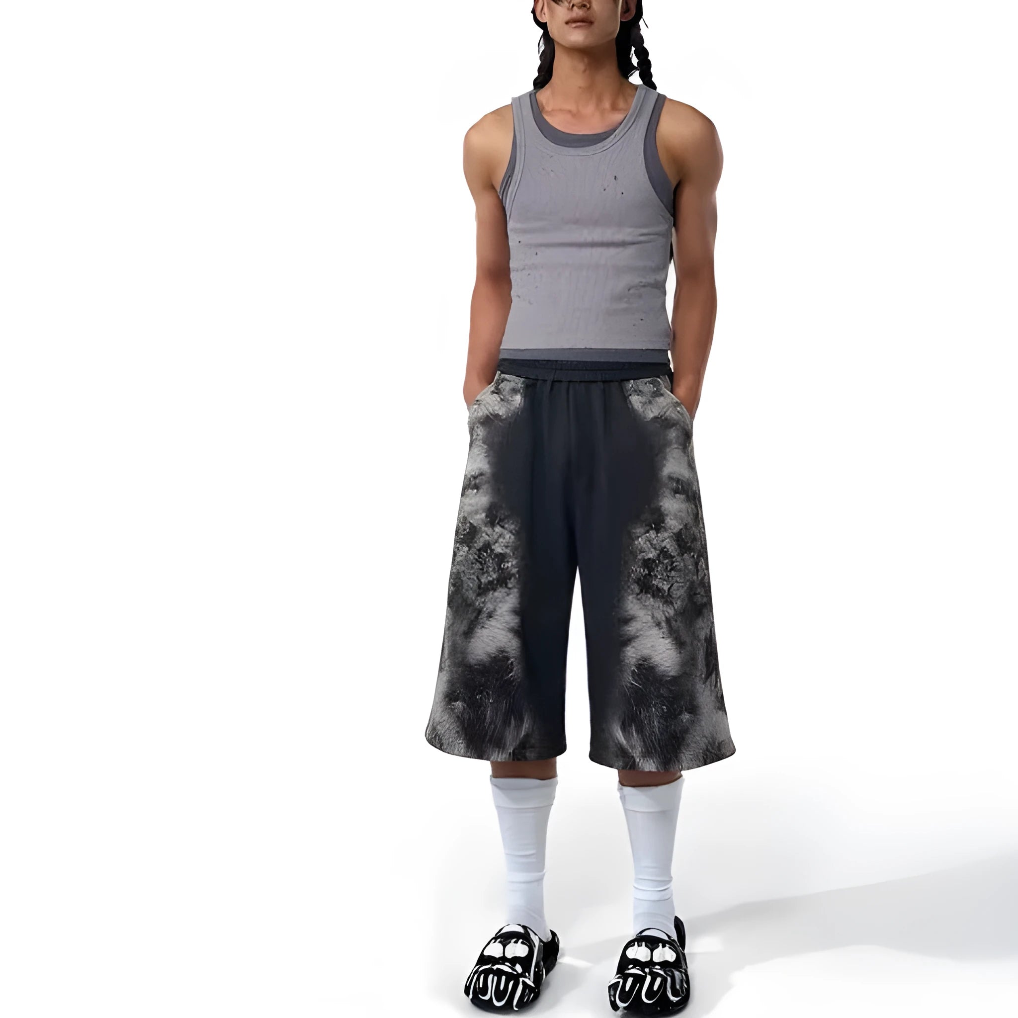 Women's grey printed hoodie, matching loose trousers, and seven-inch shorts laid flat as a three-piece co-ord set.
