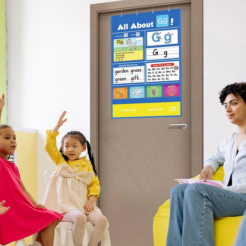 Creative Letters Learning Sleeve Table Chart, a blue fabric play mat with card sleeves, surrounded by letter, picture, and word cards.