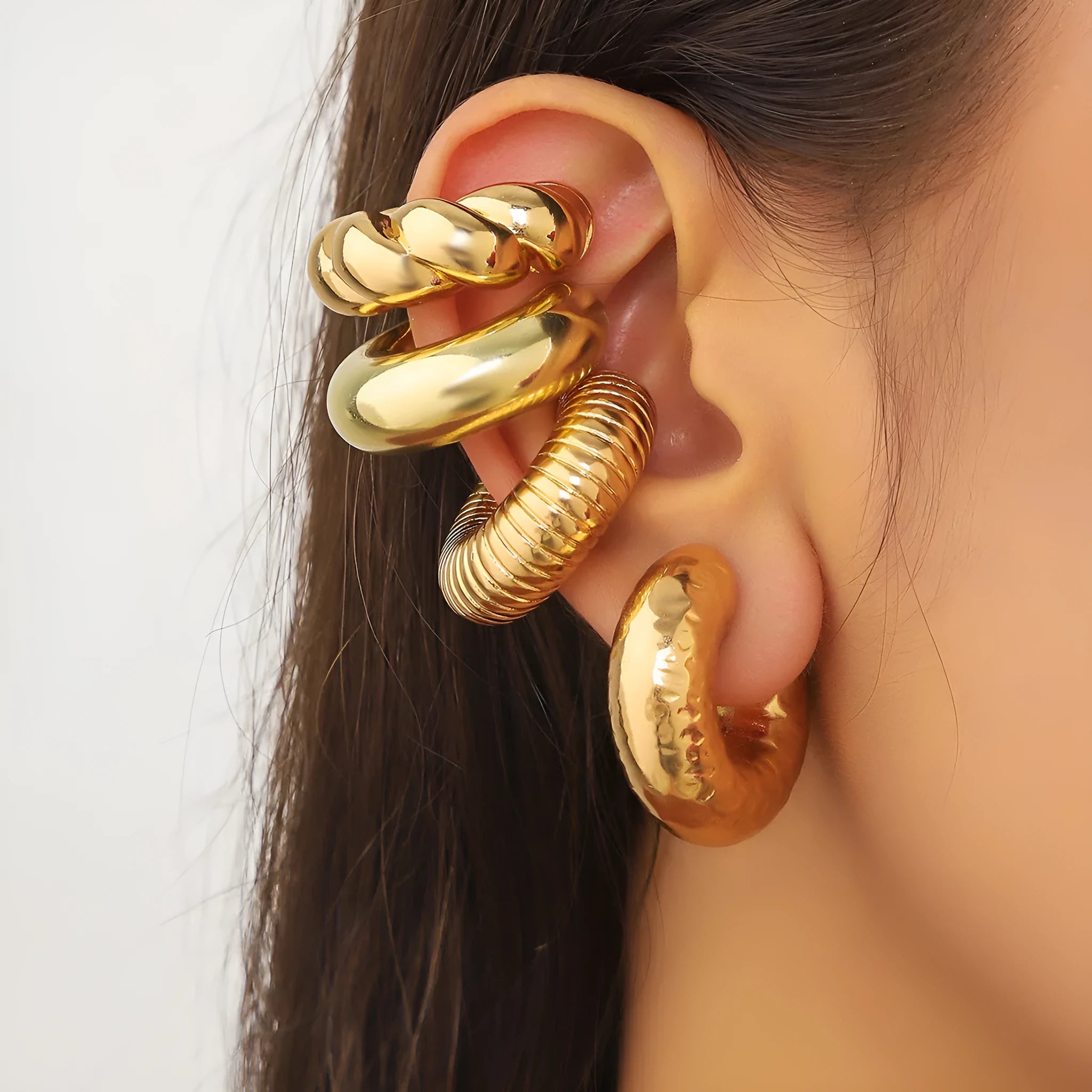 Geometric gold and silver ear clip set for women with non-pierced design