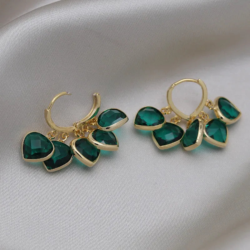 Korean style green heart pendant glass ear clip earrings with copper alloy construction
