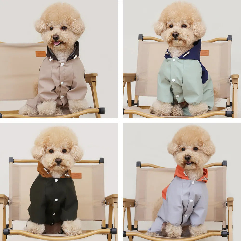 Khaki coloured waterproof polyester shell jacket on a small to medium sized dog.