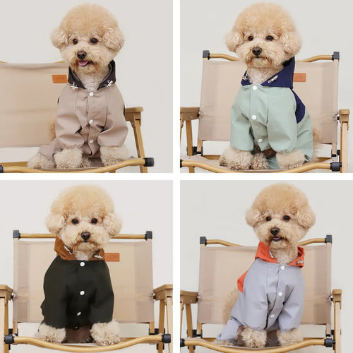Khaki coloured waterproof polyester shell jacket on a small to medium sized dog.