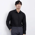 Men's wine red slim fit long sleeve shirt with non-iron fabric on a hanger