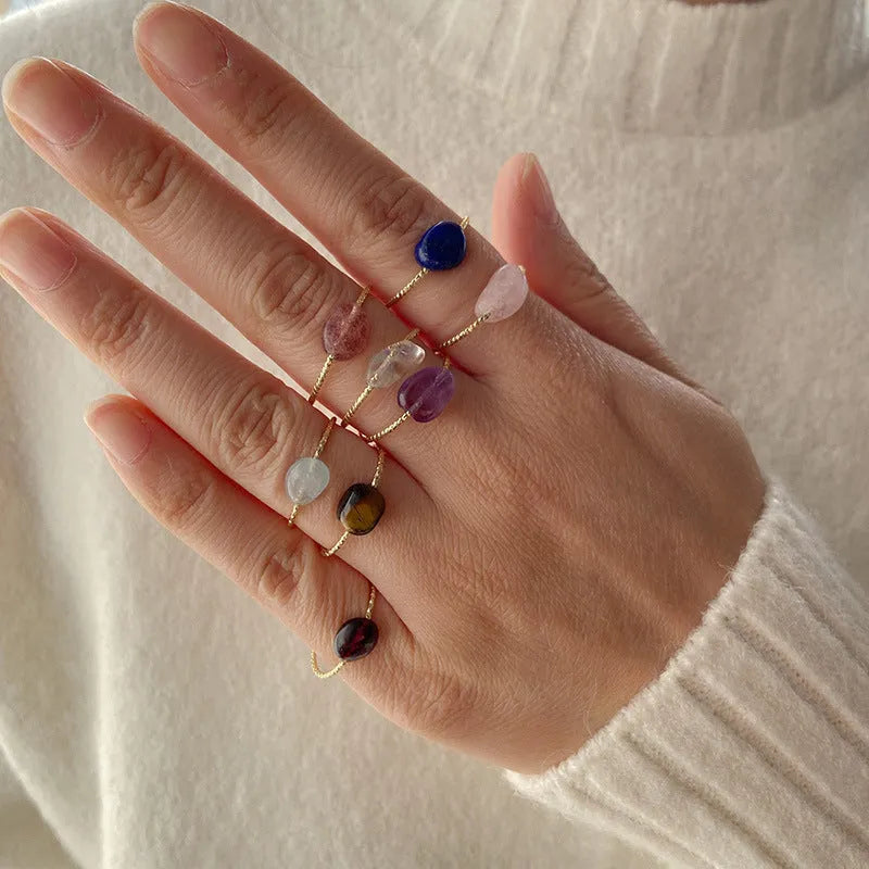 Geometric-shaped agate ring for women in a choice of eight colours on a neutral background.