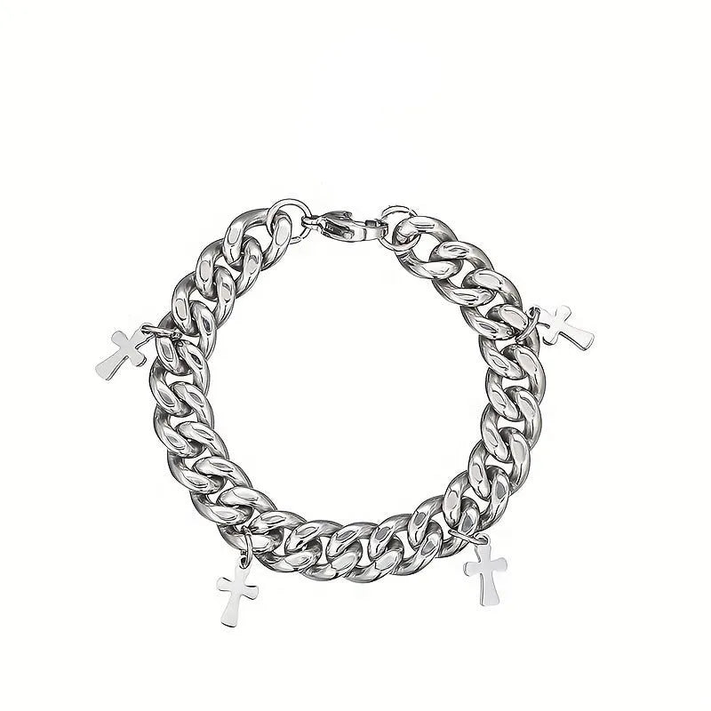 Men's titanium steel bracelet with geometric shape and cross design detail.