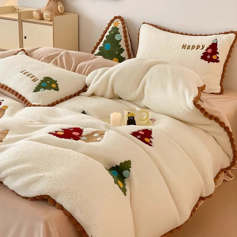 Bright yellow fleece-lined bedding set with cartoon Christmas tree embroidery on duvet cover and pillowcases.