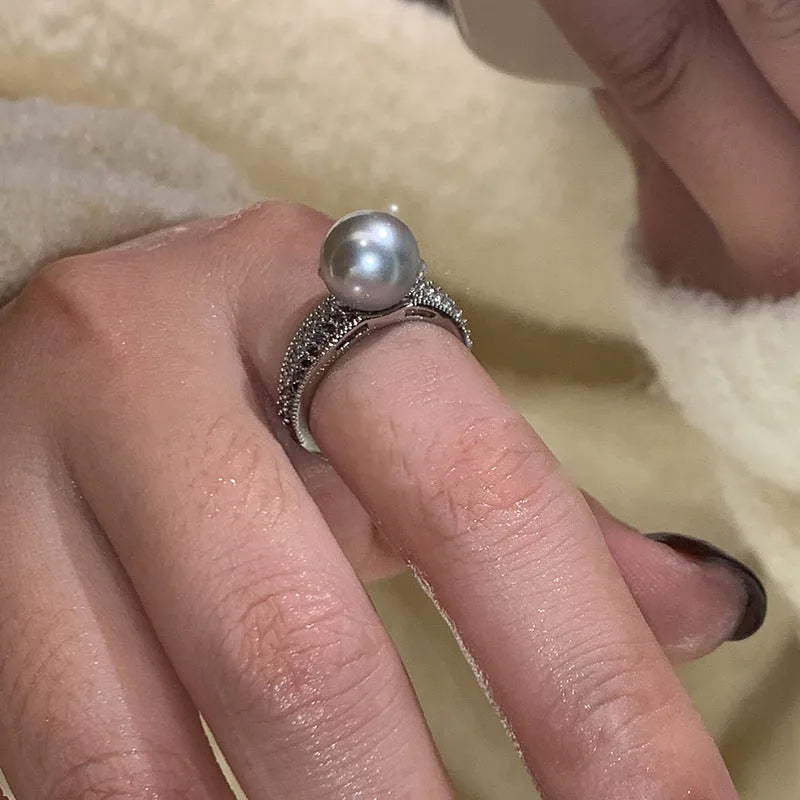 Copper geometric open ring for index finger in black pearl colour with adjustable opening