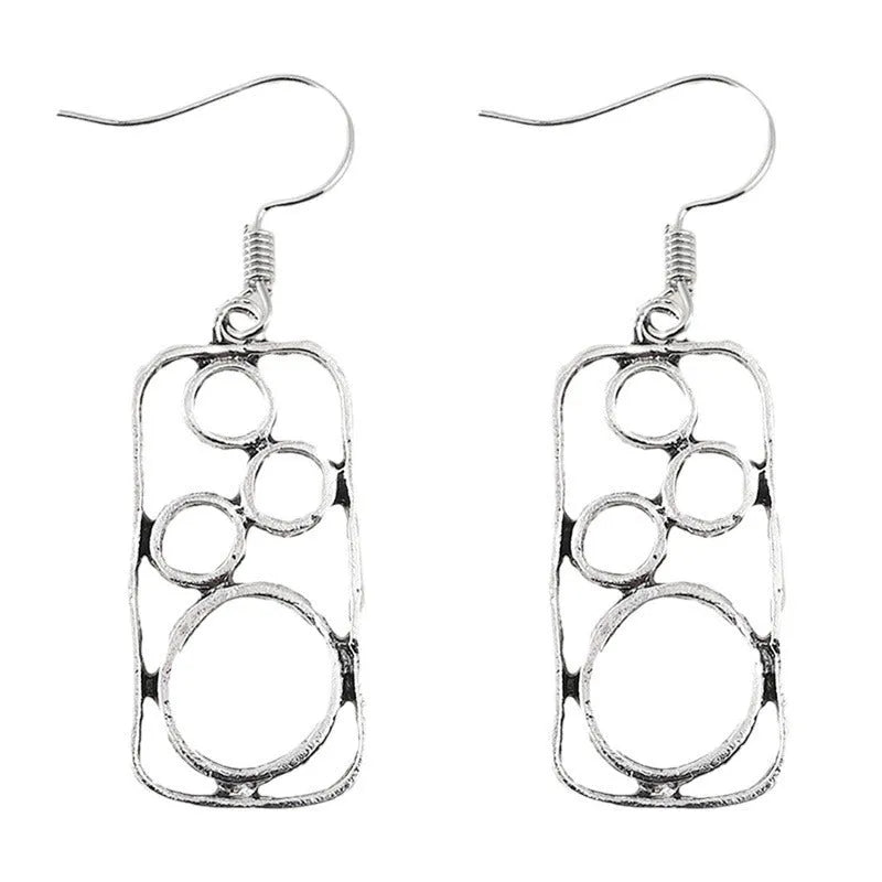 Geometric round ring earrings with irregular square design in antique silver colour