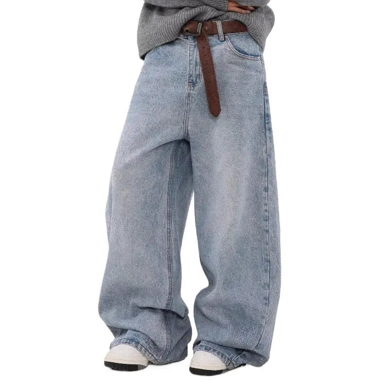 Men's blue straight leg jeans with distressed detailing and micro-elastic fabric