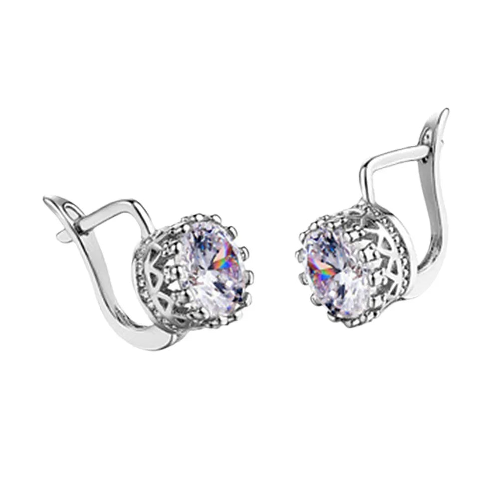 Korean retro style crown-shaped clip-on earrings with white diamond accents on a rose gold or white gold coloured finish.