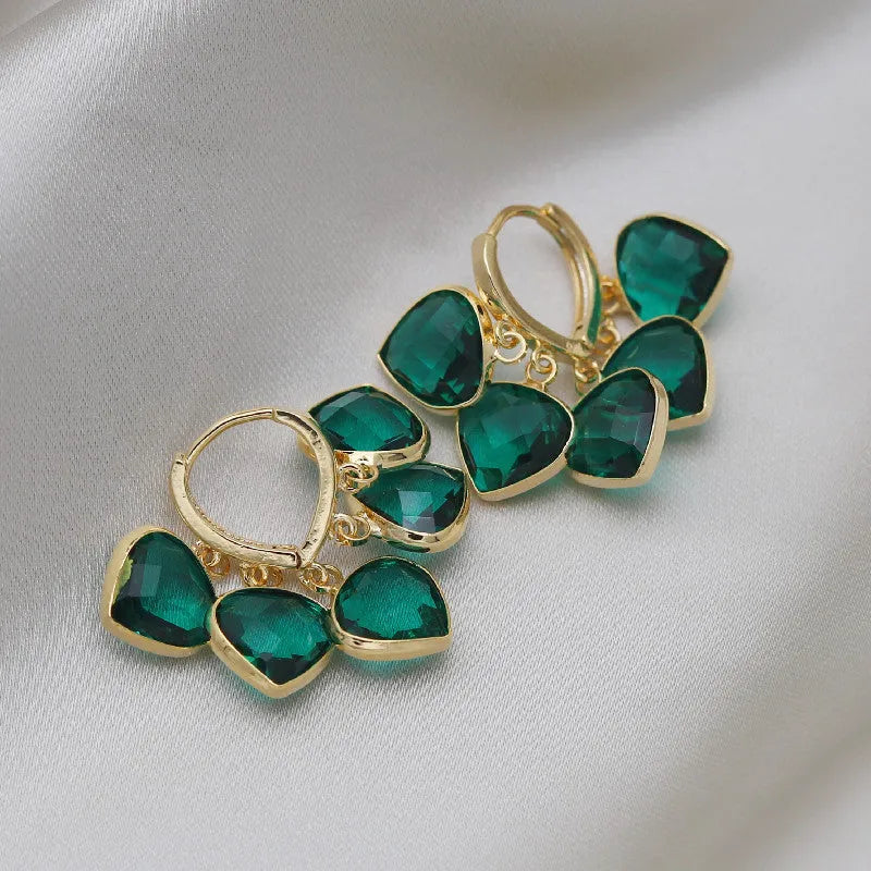 Korean style green heart pendant glass ear clip earrings with copper alloy construction