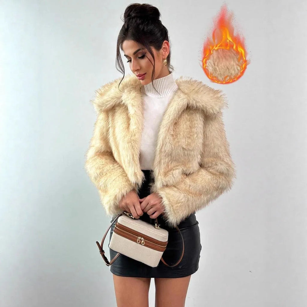 Women's short black and white artificial fur coat with a large fur collar, shown in a cute style pose.