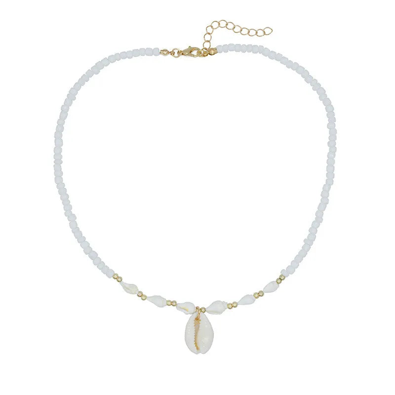 White electroplated shell necklace with conch bead mother-of-pearl pendant on a regular chain.