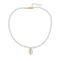 White electroplated shell necklace with conch bead mother-of-pearl pendant on a regular chain.