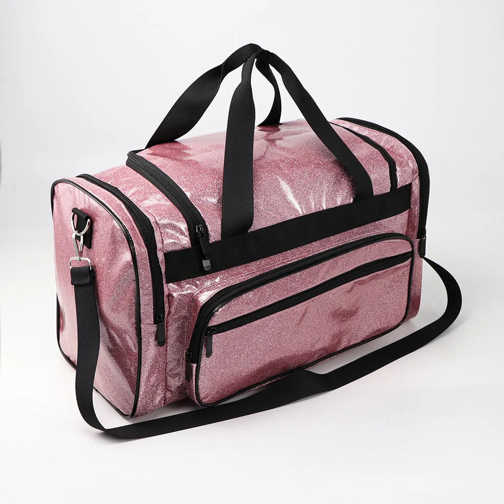 PU leather sports handbag in silver colour showing large capacity interior and organisational compartments