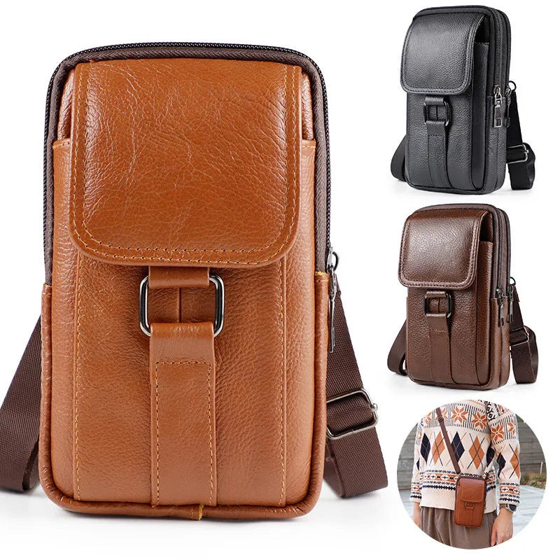 Genuine leather men's vertical square crossbody waist bag with a lock.