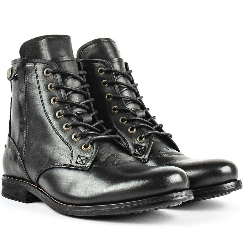 Men's brown and black two-tone leather boots with a side zipper from the Knight Series.