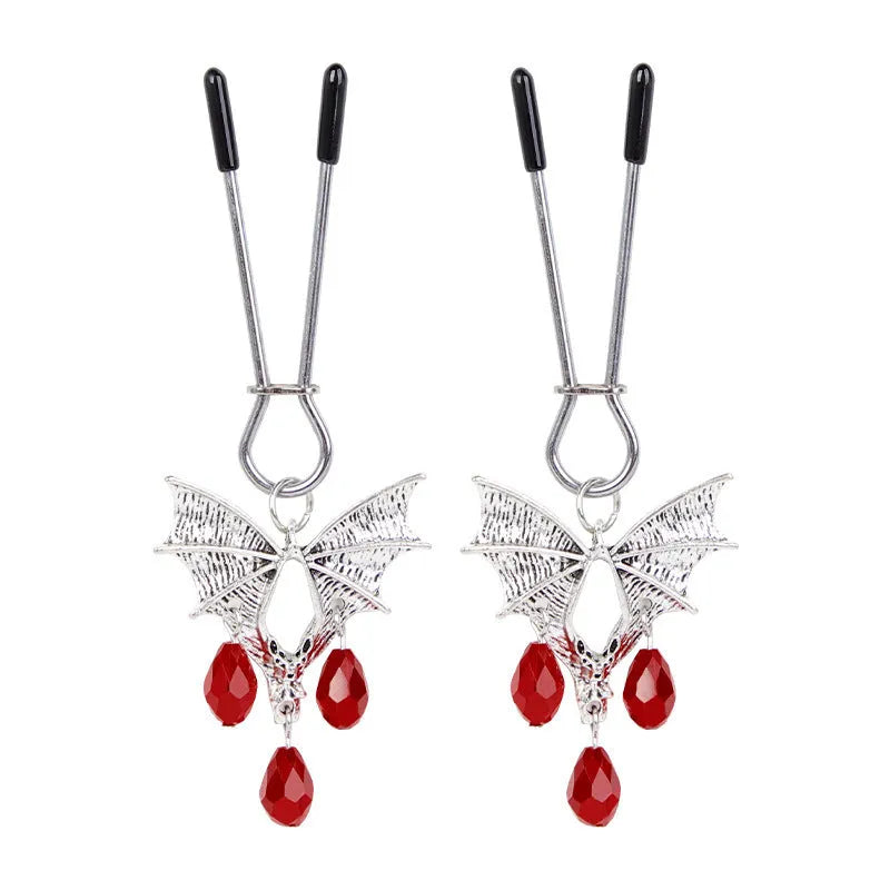 Silver bat nipple clamp with adjustable mechanism and ruby bat clip design