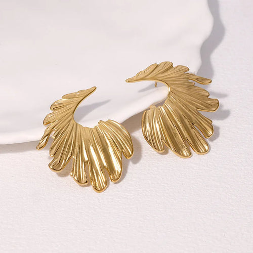 Leaf-shaped alloy earrings with stainless steel construction in gold or steel electroplated finish