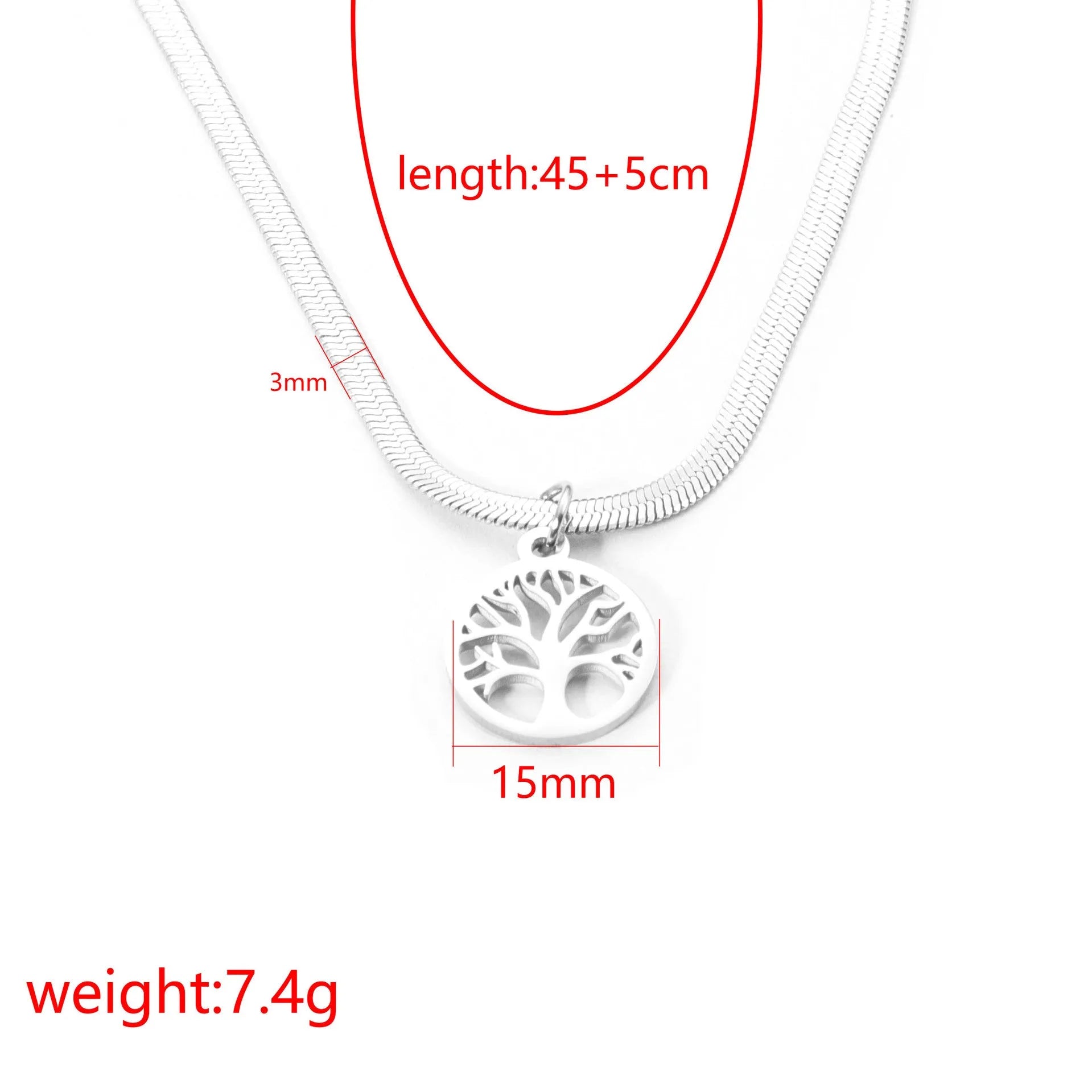 Stainless steel lucky tree pendant necklace on snake bones chain, adjustable 51-60cm length
