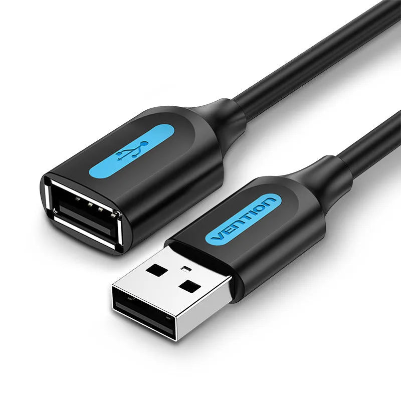 Black USB A Male to AM extension cable with straight head connectors showing length options from 0.5 to 5 metres