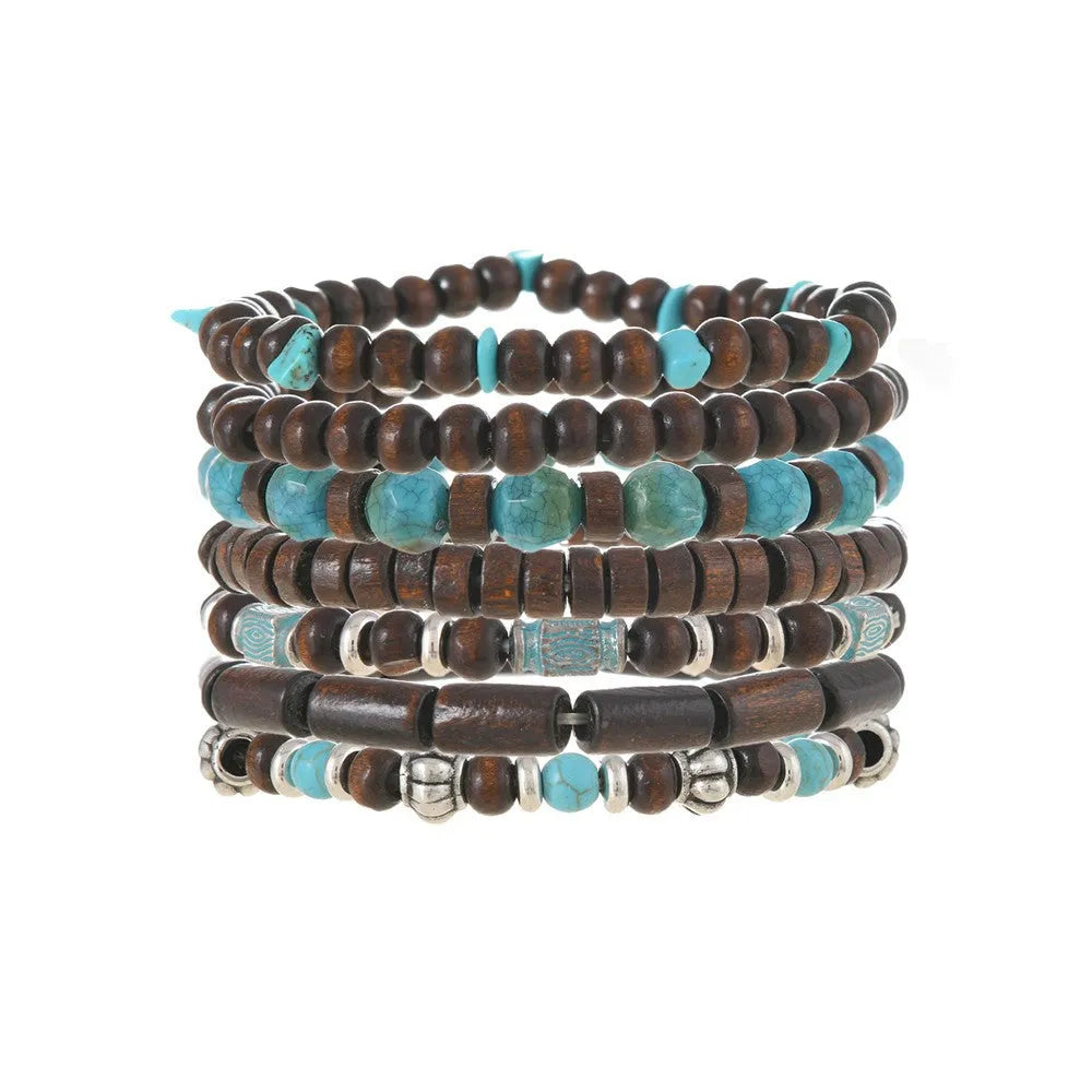 Set of seven layered retro bracelets with wooden beads, alloy metal, and multicolour stones.