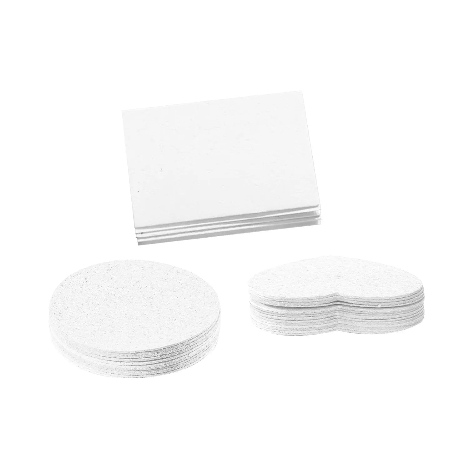Painting sponge set showing heart-shaped, round and square sponges with six fountain pens on wood pulp paper