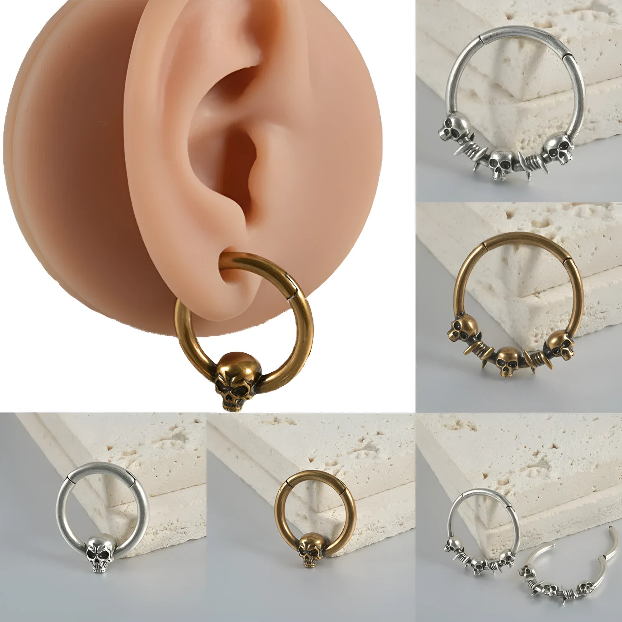 Copper antique finish punk earring with ghost head design in silver or gold.