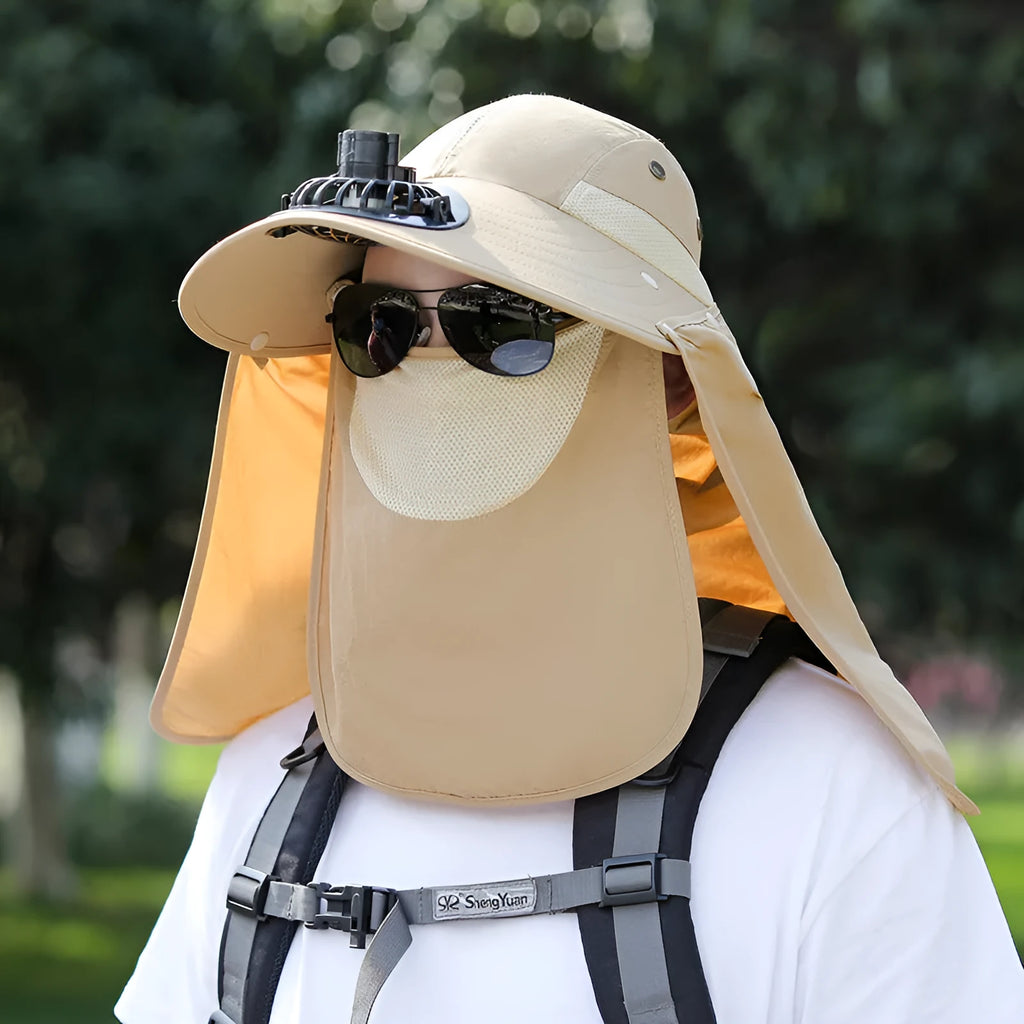 Man's khaki sun hat with wide brim, neck cover, and a visible USB fan module on the front.