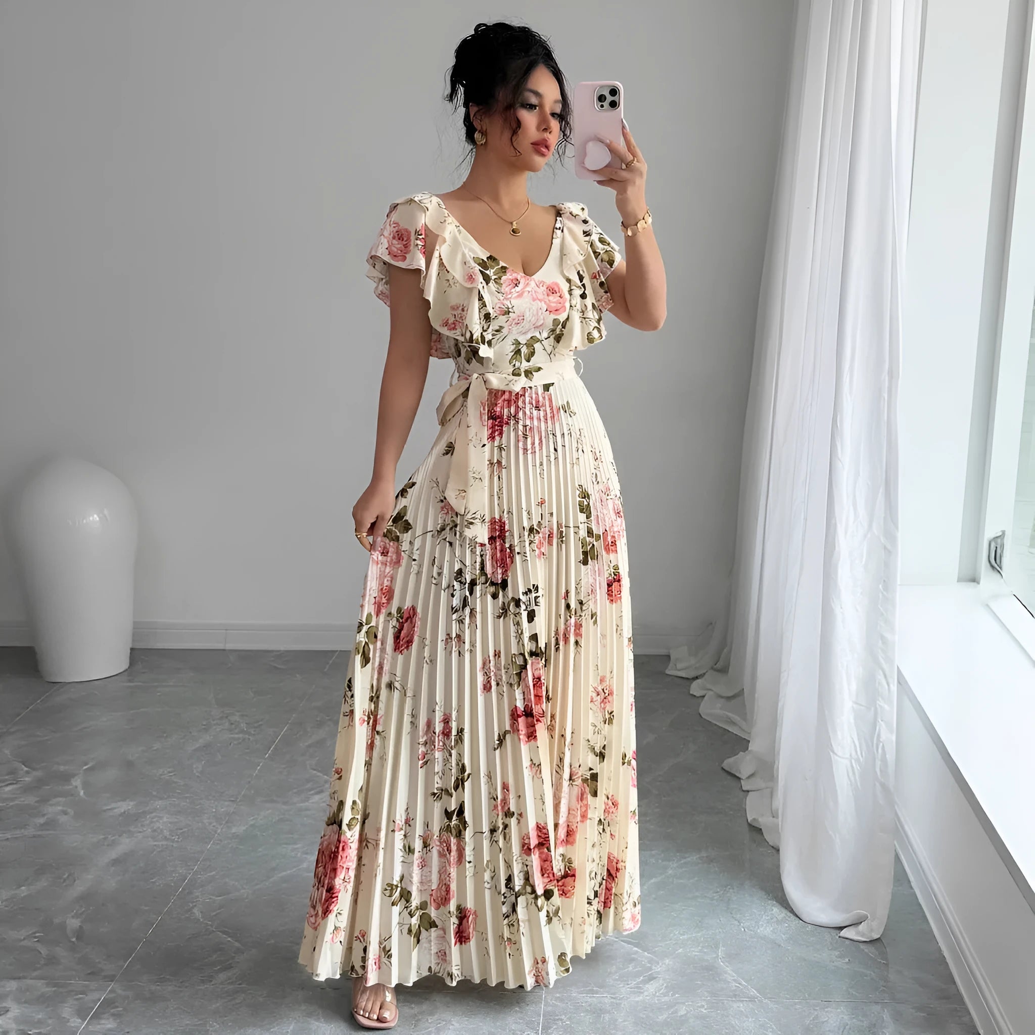 Apricot floral print V-neck dress with ruffled sleeves and a full swing skirt.