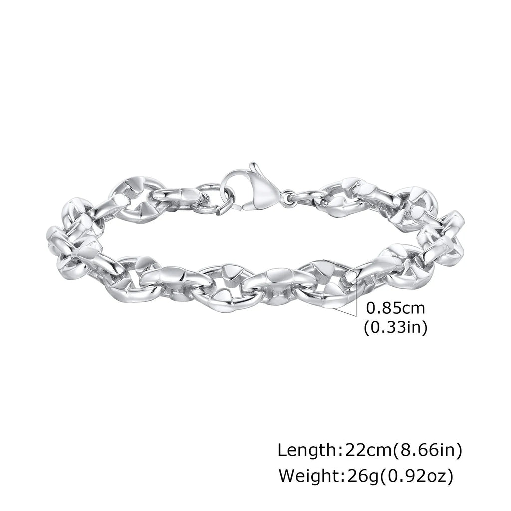 Thick stainless steel handmade chain bracelet with a geometric shape in a steel colour.
