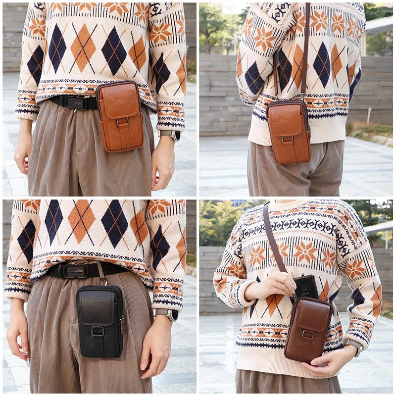 Genuine leather men's vertical square crossbody waist bag with a lock.