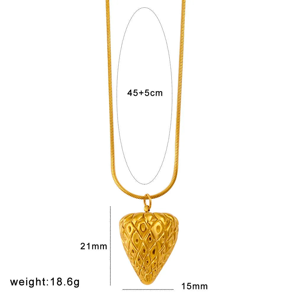 Set of six stainless steel fruit pendant necklaces showing apple, grape, watermelon, pineapple, strawberry, and banana charms on a silver chain.