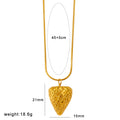 Set of six stainless steel fruit pendant necklaces showing apple, grape, watermelon, pineapple, strawberry, and banana charms on a silver chain.
