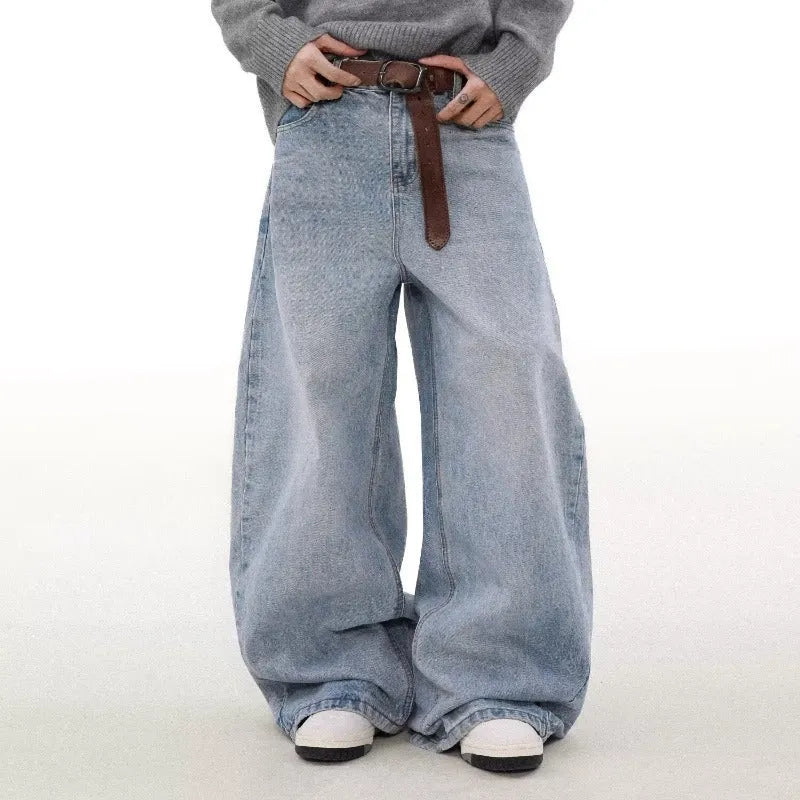 Men's blue straight leg jeans with distressed detailing and micro-elastic fabric