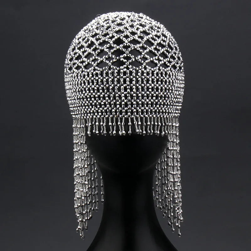 Handmade beaded belly dance hat hair ornament with decorative mesh and tassel in silver or black