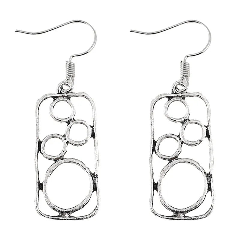 Geometric round ring earrings with irregular square design in antique silver colour