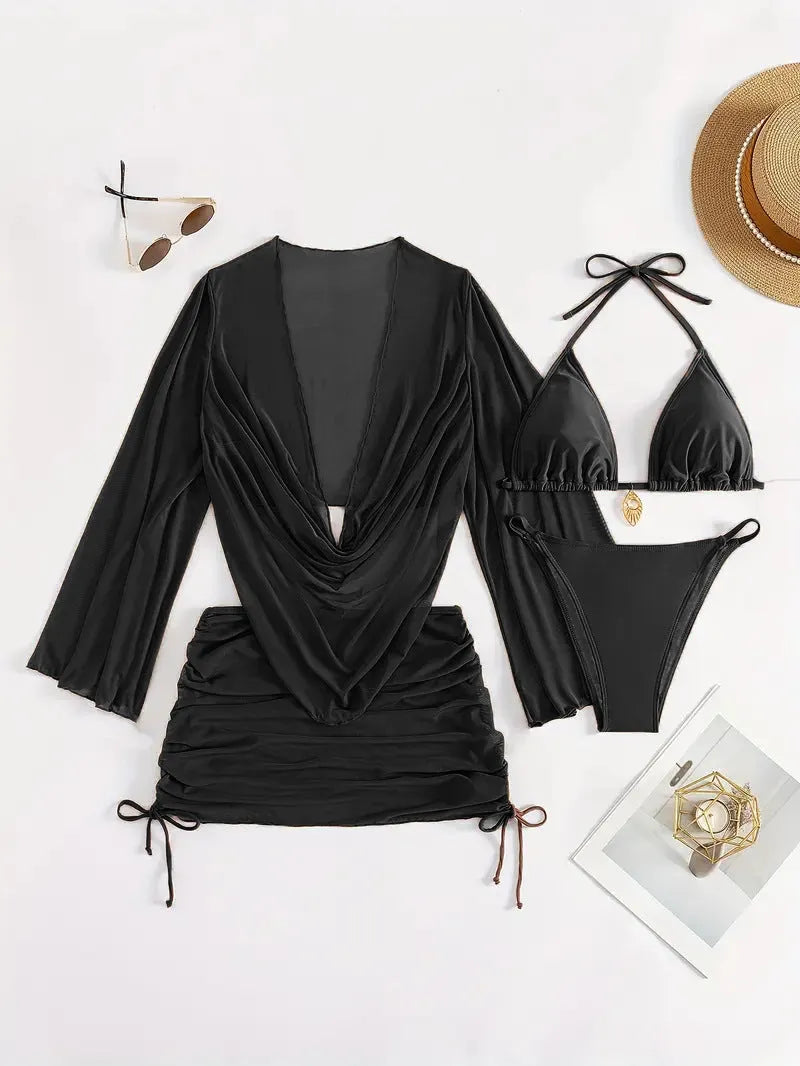 Dark brown women's lace-up bikini swimsuit set with sleeveless blouse and briefs.
