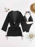 Dark brown women's lace-up bikini swimsuit set with sleeveless blouse and briefs.