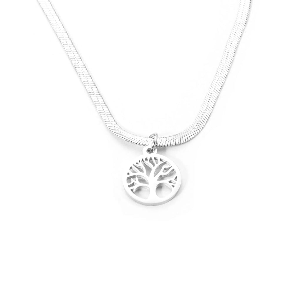 Stainless steel lucky tree pendant necklace on snake bones chain, adjustable 51-60cm length