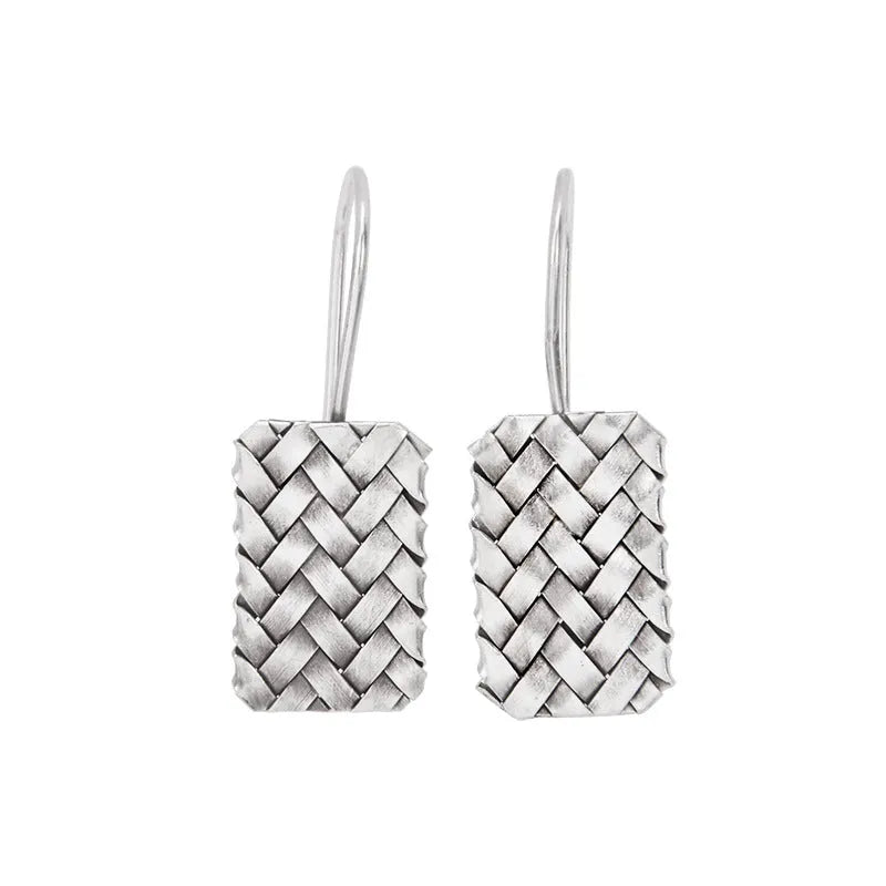 Women's silver geometric earrings with diamond plaid woven pattern