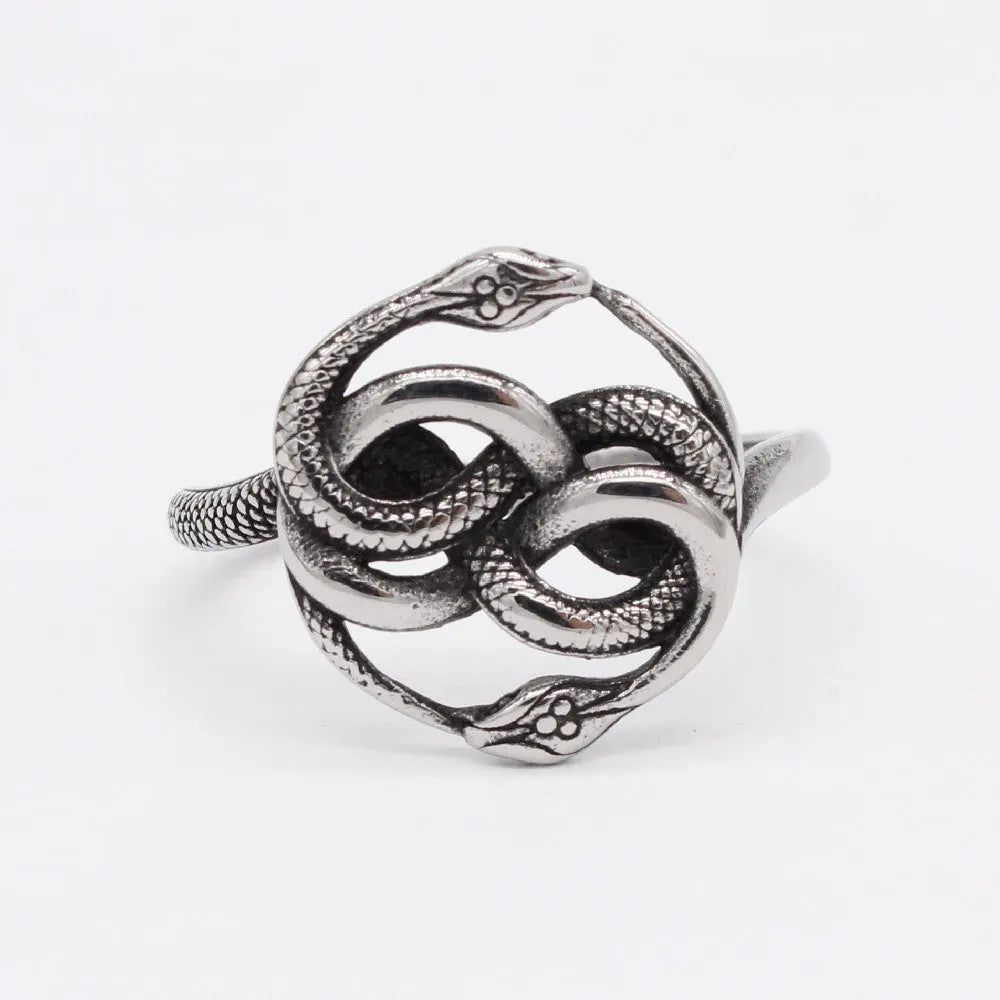 Close-up of a retro double snake coil ring in steel colour titanium steel on a model's hand.