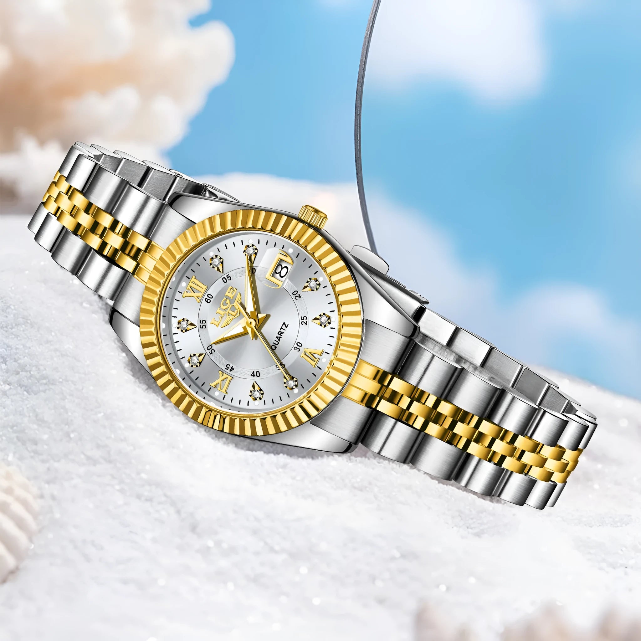 Waterproof quartz fashion watch for women in a choice of nine colour combinations with a slim case.