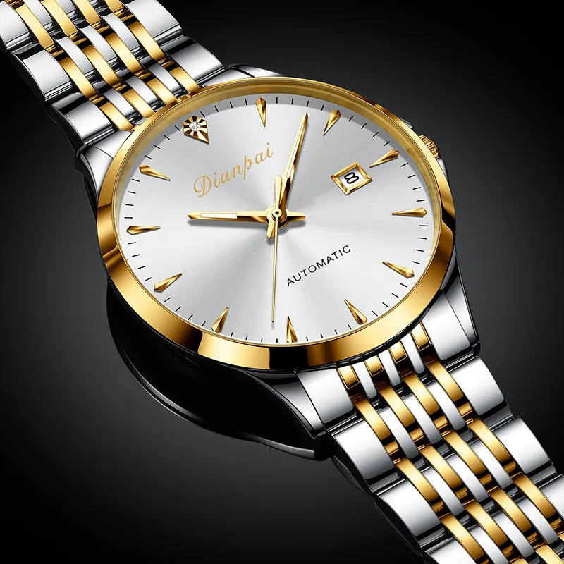 Men's simple dial automatic watch with stainless steel strap on wrist, showing golden black colour variant.