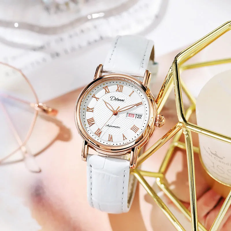 Women's automatic mechanical watch with steel case and choice of steel bracelet or coloured leather strap.