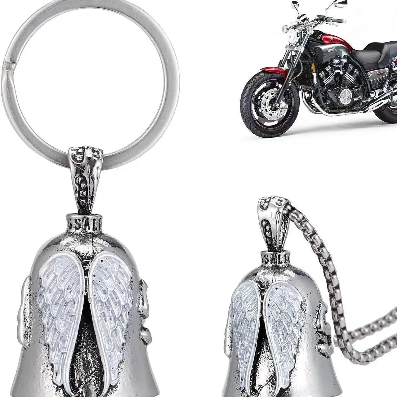 White vintage angel wings feather keychain and necklace set with electroplated finish