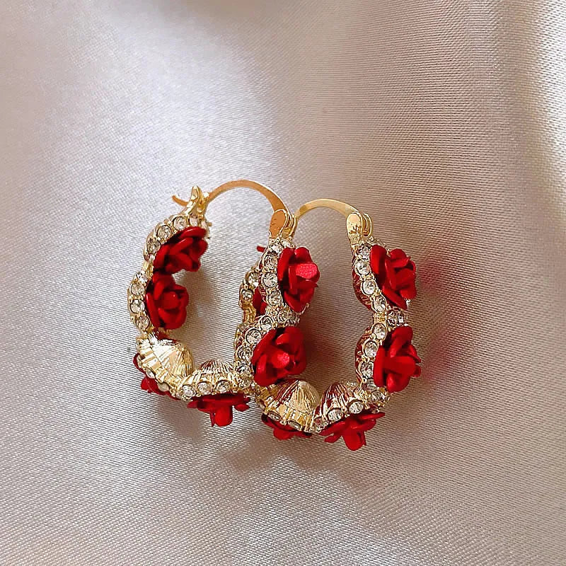 Red rose pattern alloy clip earrings with floral design for non-pierced wear