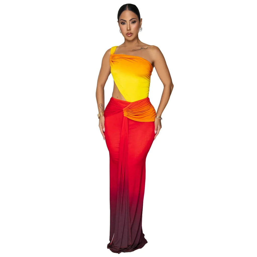 Women's gradient colour long skirt dress with asymmetric cross-shoulder design
