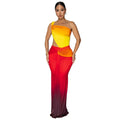 Women's gradient colour long skirt dress with asymmetric cross-shoulder design